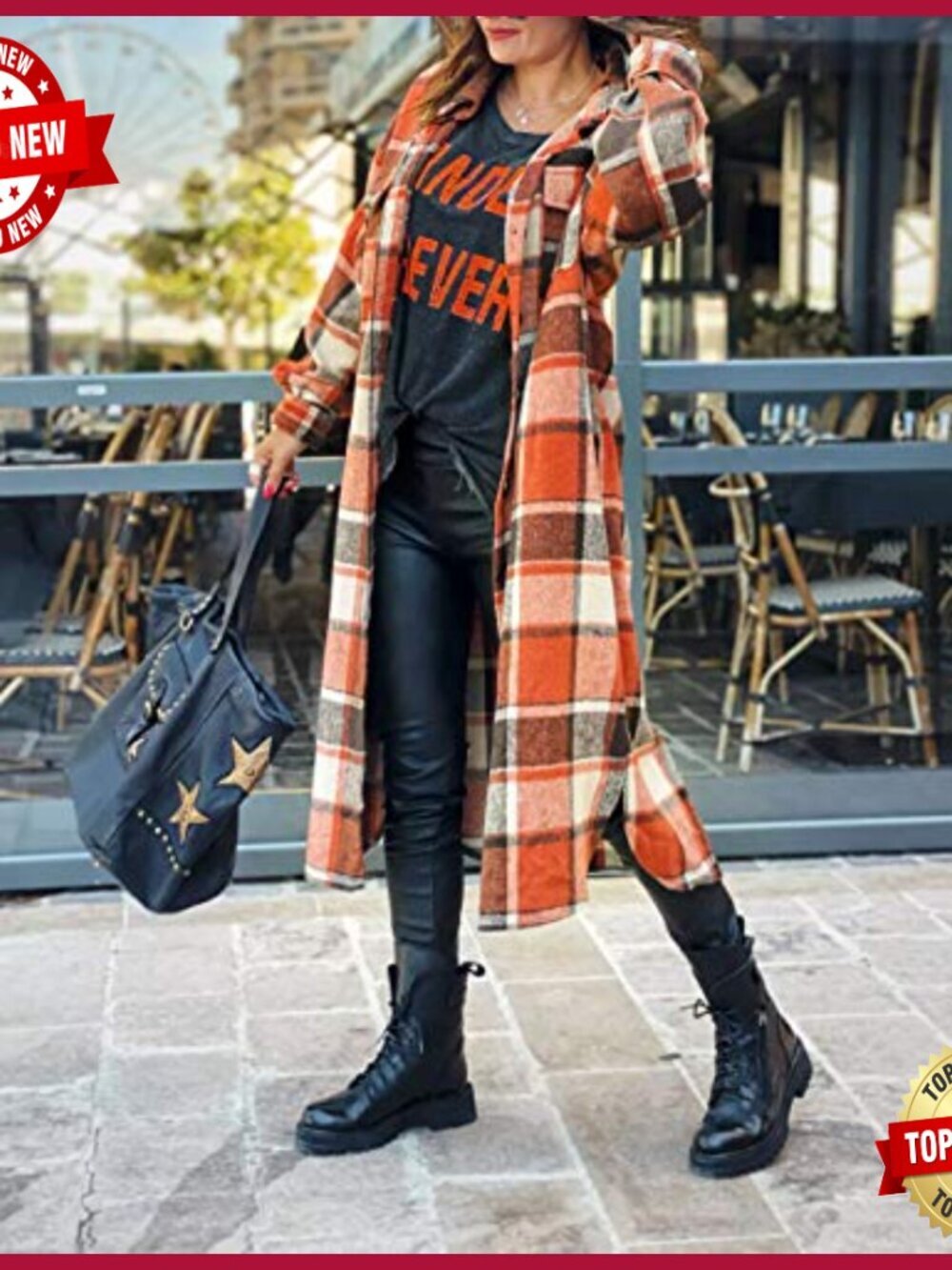 Plaid Button Down Long Jacket Fall Flannel Trench Coat Women - Picture 4 of 7